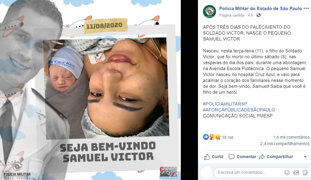 Nasce filho de PM assassinado na véspera do Dia dos Pais em São Paulo — Foto: Reprodução/Facebook