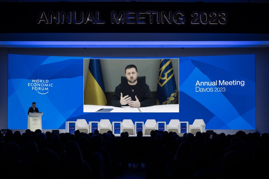 O presidente da Ucrânia, Volodymyr Zelensky, em discurso gravado ao Fórum Econômico Mundial de Davos, na Suíça