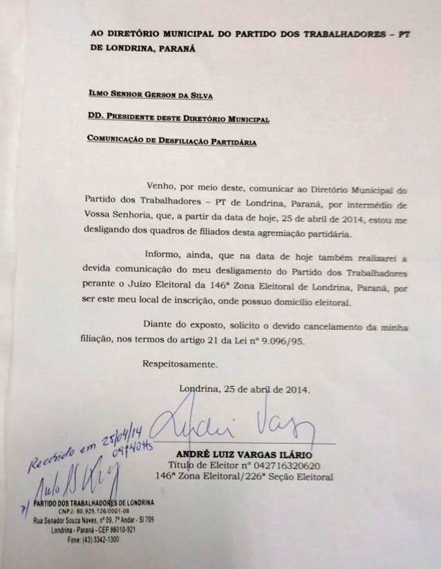 A carta de desfiliação apresentada por André Vargas ao diretório do PT em Londrina (Foto: Reprodução)