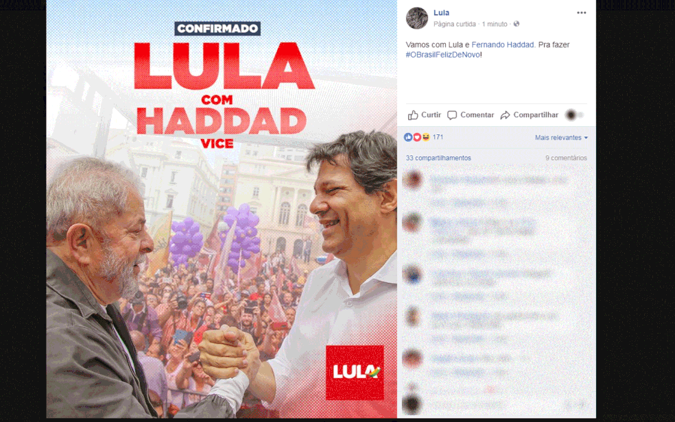 PT confirma nome de Haddad para vice-presidente na chapa com Lula (Foto: Reprodução/Facebook)