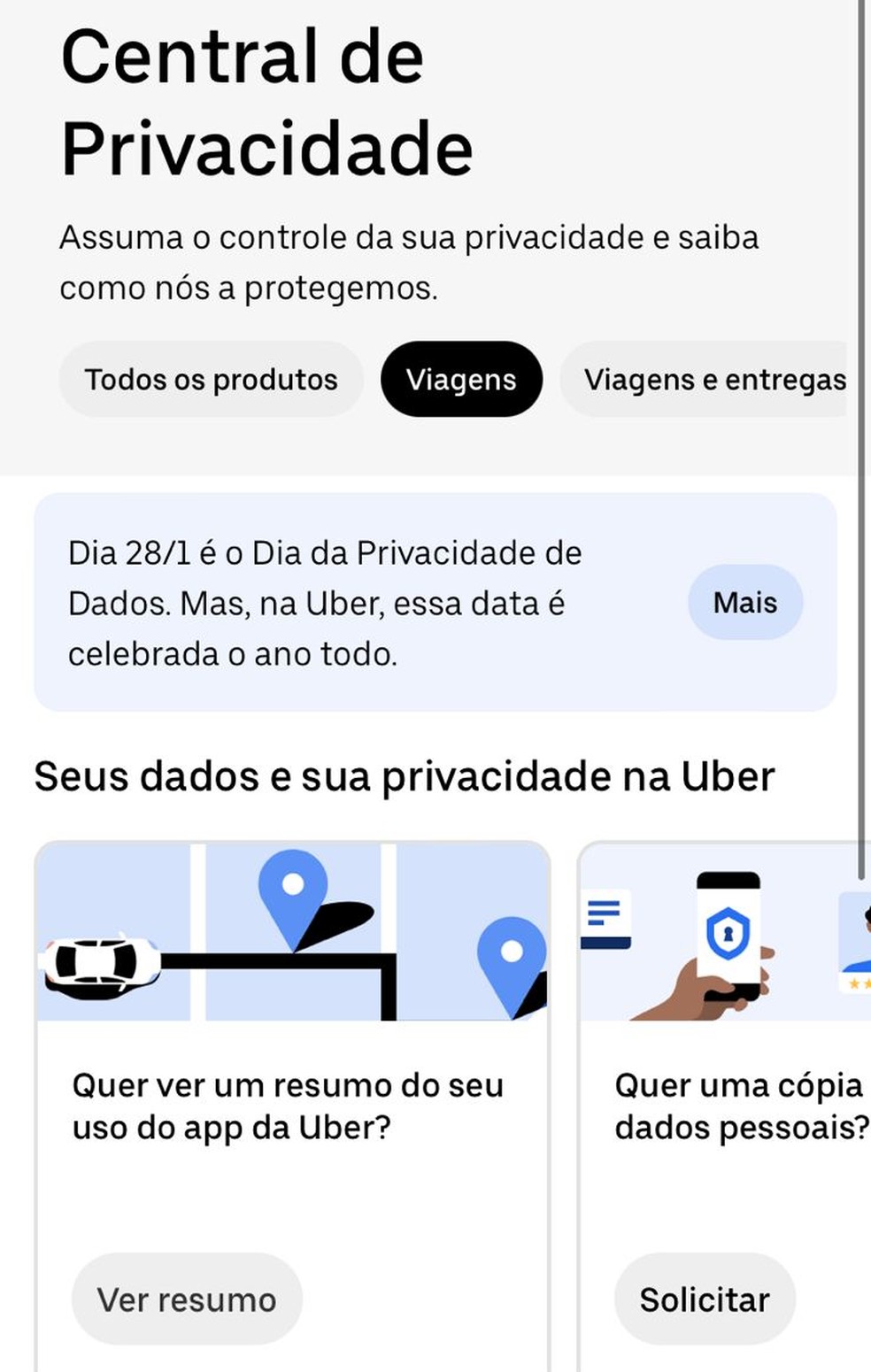 Central de privacidade do Uber — Foto: Reprodução