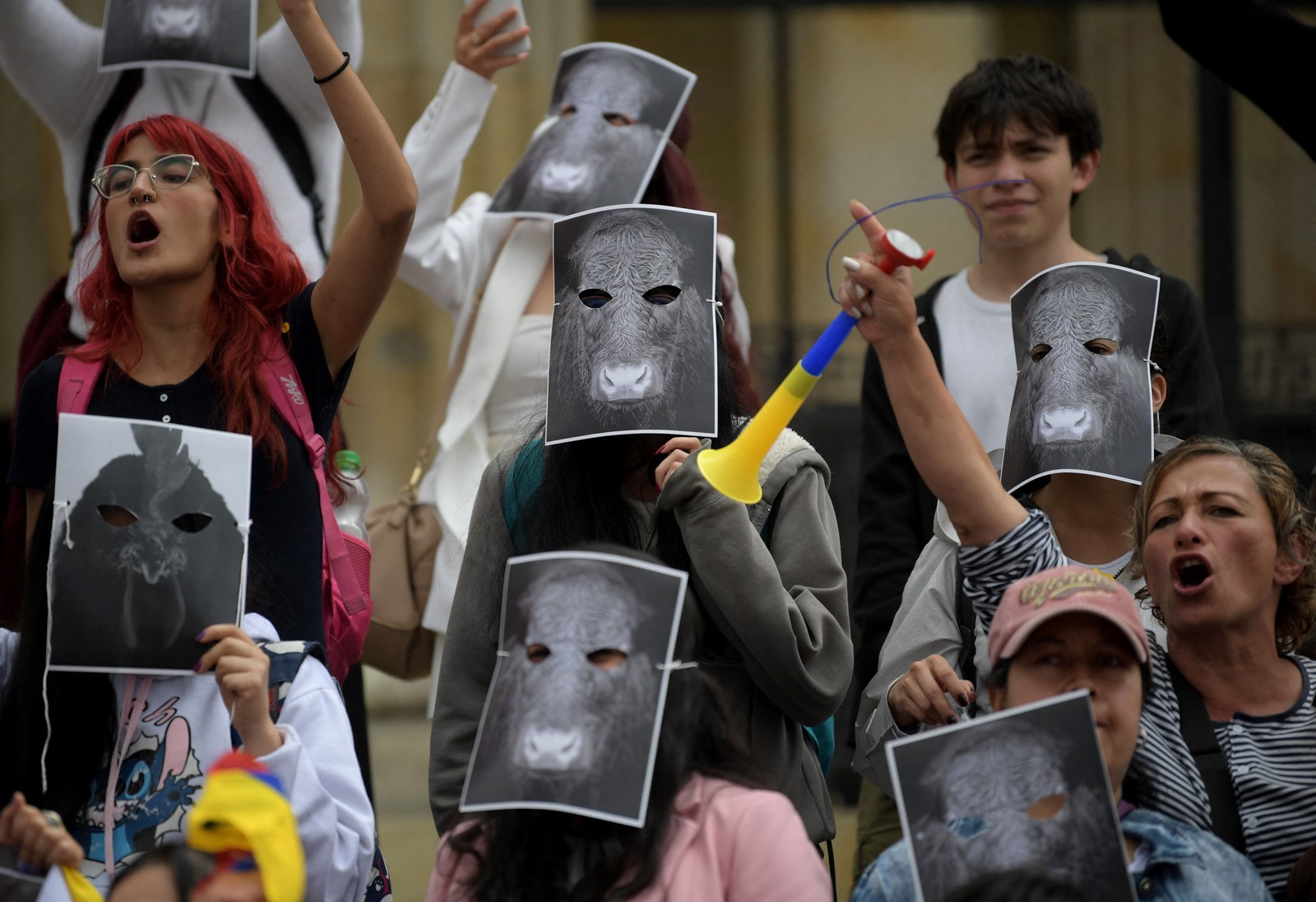 Ativistas se manifestam em apoio aos animais e contra as touradas e galos em protesto na praça Bolívar, em Bogotá, Colômbia — Foto: RAUL ARBOLEDA / AFP