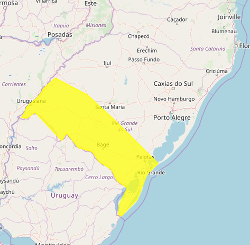 Inmet alerta para chances de tempestade na região que vai da Campanha ao Sul do RS — Foto: Reprodução/Inmet 