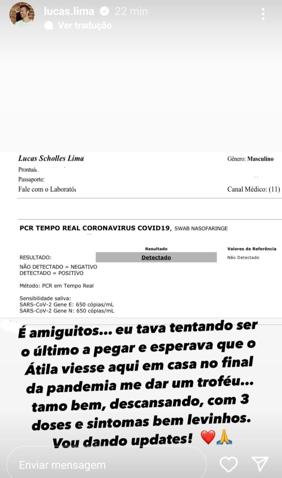 Lucas Lima testa positivo para Covid-19 — Foto: Reprodução/Instagram