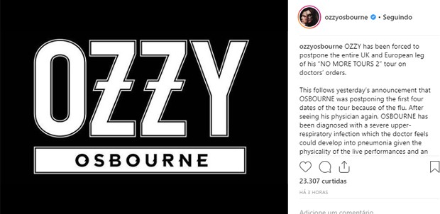 Ozzy Osbourne adia turnê por causa de infecção respiratória (Foto: Reprodução/Instagram)