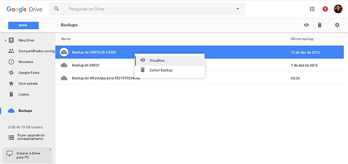 Google Drive traz listas de backups feitos na nuvem (Foto: Reprodução/Elson de Souza)