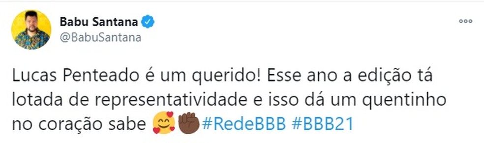 Babu Santana elogia Lucas Penteado — Foto: Reprodução/Twitter