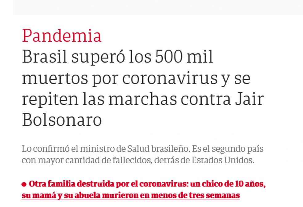 "Brasil superou os 500 mil mortos por coronavírus e manifestantes repetem marcha contra Jair Bolsonaro", diz o título de reportagem do jornal argentino El Clarín. — Foto: Reprodução.