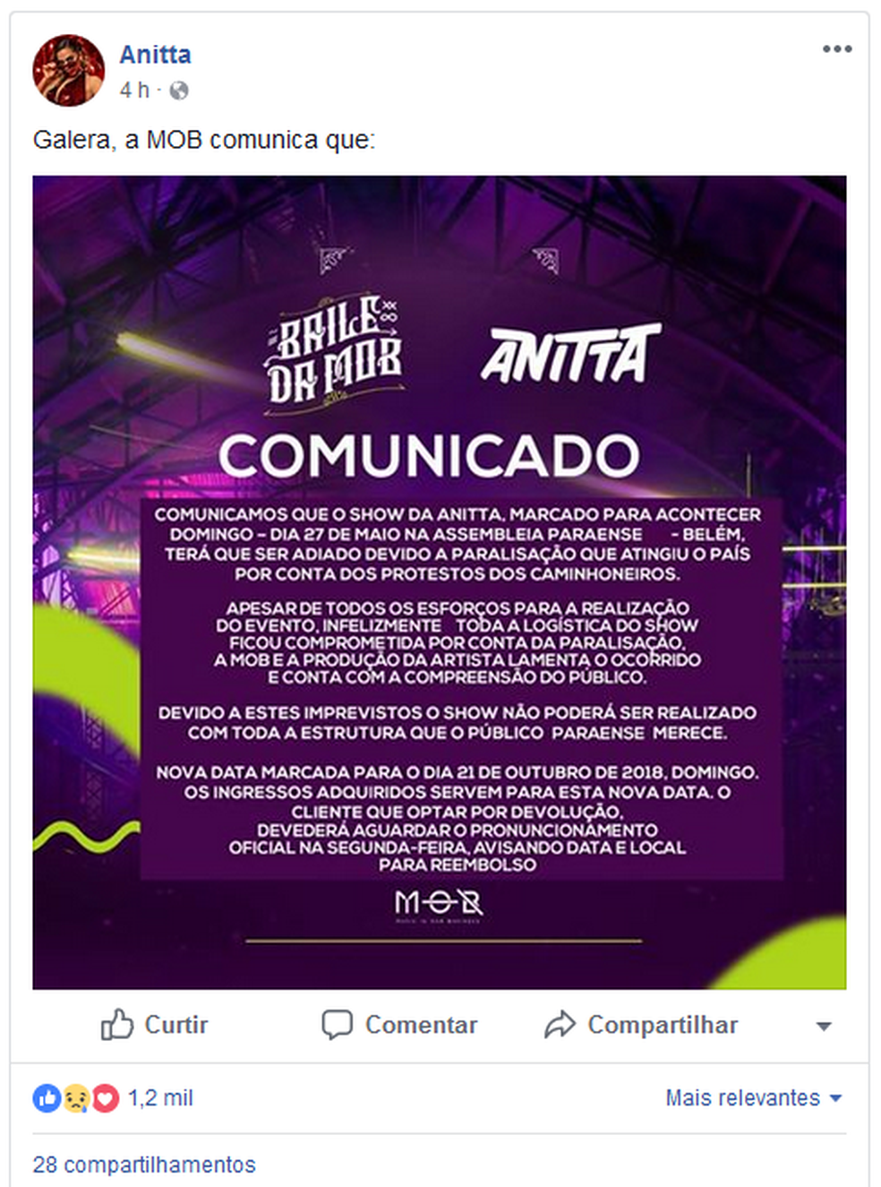 Anitta cancela show em BelÃ©m por dificuldades de transporte em meio Ã  greve dos caminhoneiros (Foto: ReproduÃ§Ã£o/Facebook)