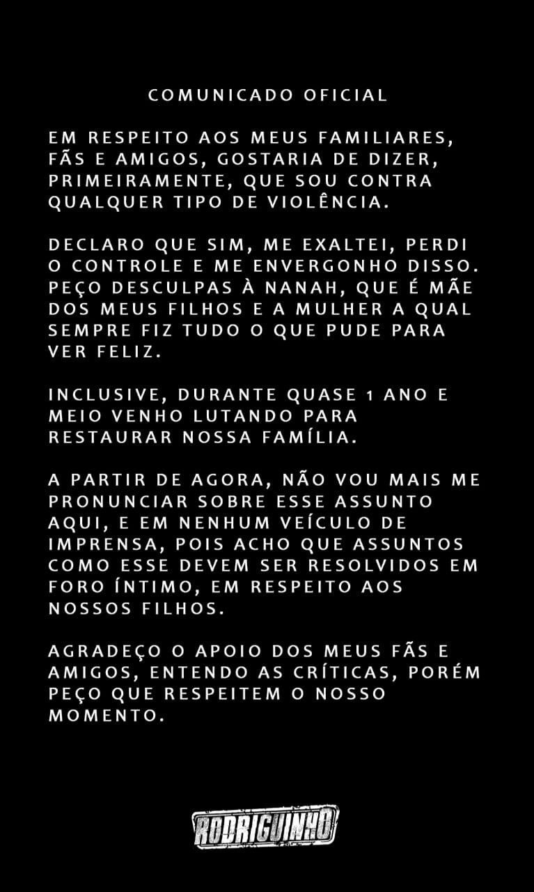 Assessoria de Rodriguinho divulga comunicado sobre episódio entre cantor e a ex-mulher (Foto: Reprodução/Instagram)