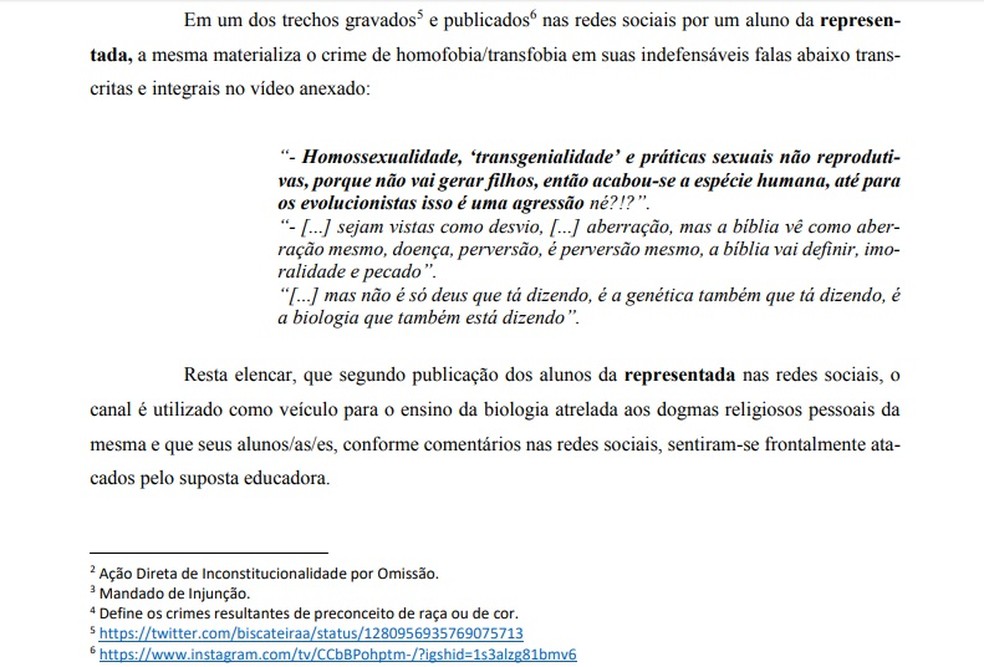 Representação criminal enumera algumas das falas que a professora teria pronunciado em live — Foto: DPE-PB / Divulgação