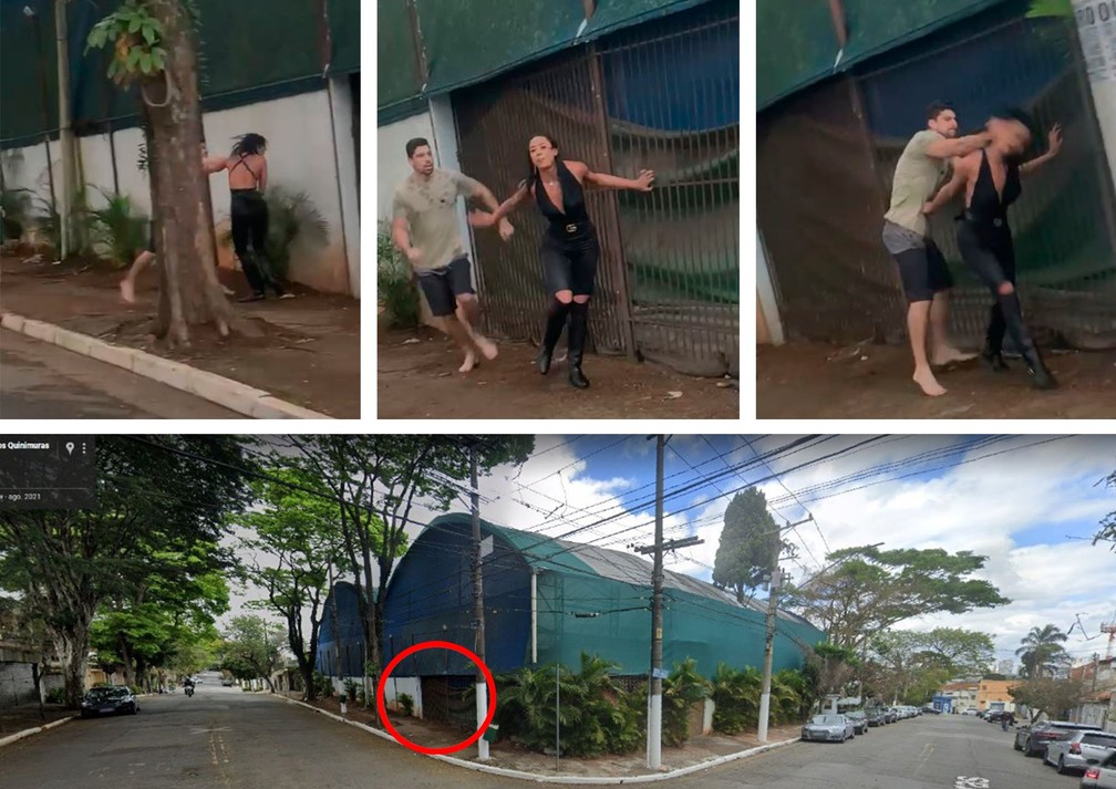 Priscyla Rodrigues aparece em vídeo sendo agredida por homem na Zona Sul de São Paulo. Segundo ela, ele é morador do bairro onde ela trabalha como garota de programa. Mulher o acusa de transfobia. Abaixo está foto do lugar com destaque onde ocorreu o crime — Foto: Reprodução/Redes sociais e Google Maps