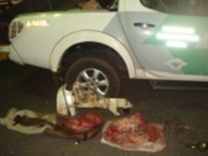Polícia Ambiental encontrou no barco dos suspeitos, partes de um jacaré e duas capivaras abatidas (Foto: Divulgação / Polícia Ambiental)
