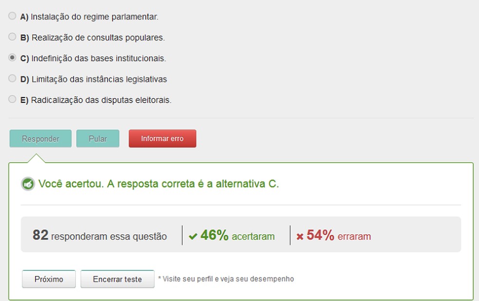 No simulado da EBC, o aluno fica sabendo a percentagem de pessoas que erraram ou acertaram as questões — Foto: Reprodução: Barbara Ablas