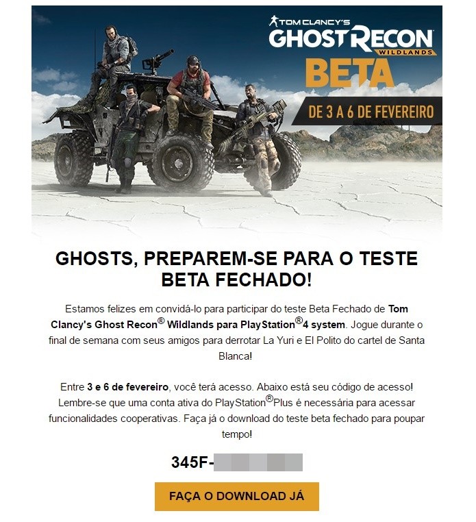 Código para acesso a Ghost Recon: Wildlands é enviado pela própria Ubisoft (Foto: Reprodução/Felipe Demartini)