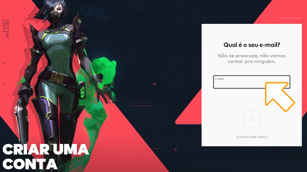 Informe um e-mail válido para o seu cadastro da Riot Games para jogar Valorant — Foto: Reprodução/Rafael Monteiro