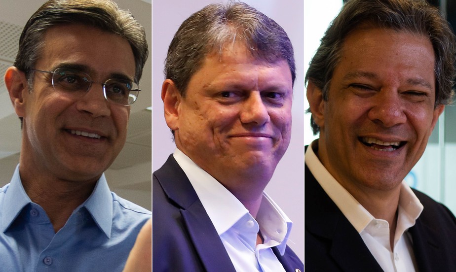 Da esquerda para a direita: Rodrigo Garcia (PSDB), Tarcísio de Freitas (Republicanos) e  Fernando Haddad (PT)