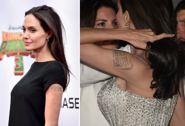 As tatuagens de Angelina Jolie em homenagem a Brad Pitt e aos filhos (Foto: Getty Images)