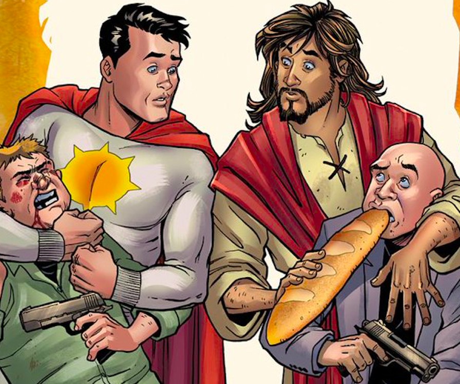 Jesus e o amigo super-herói em cena de ação da revista cancelada pela editora DC Comics (Foto: Reprodução)