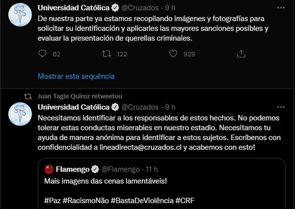 Redes sociais da Católica buscam identificação de torcedores que promoveram gestos racistas e agrediram rubro-negros em Santiago — Foto: Reprodução