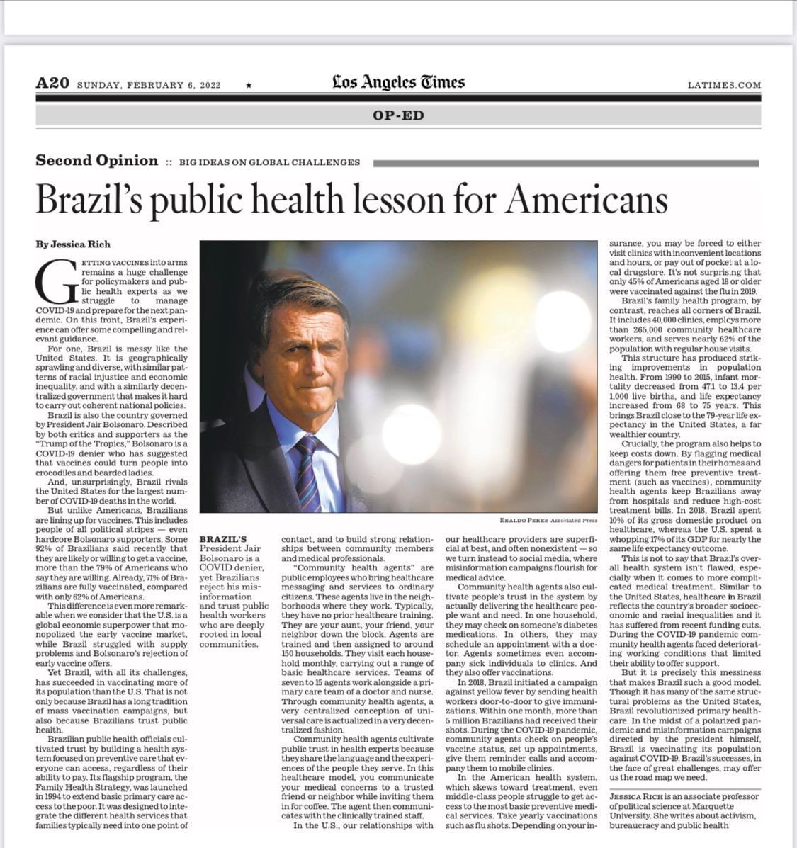 O sistema de saúde pública do Brasil foi destaque em artigo publicado neste fim de semana no "Los Angeles Times"