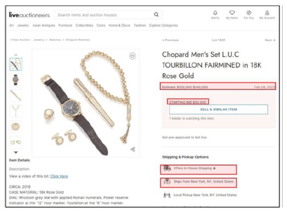 Leilão online de conjunto de joias recebido por Bolsonaro — Foto: Reprodução