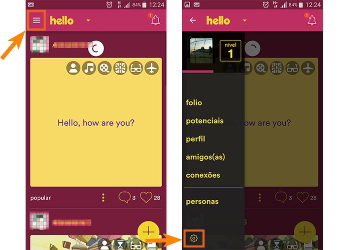Selecione o menu lateral do Hello no app para celular e acesse as configurações (Foto: Reprodução/Barbara Mannara)