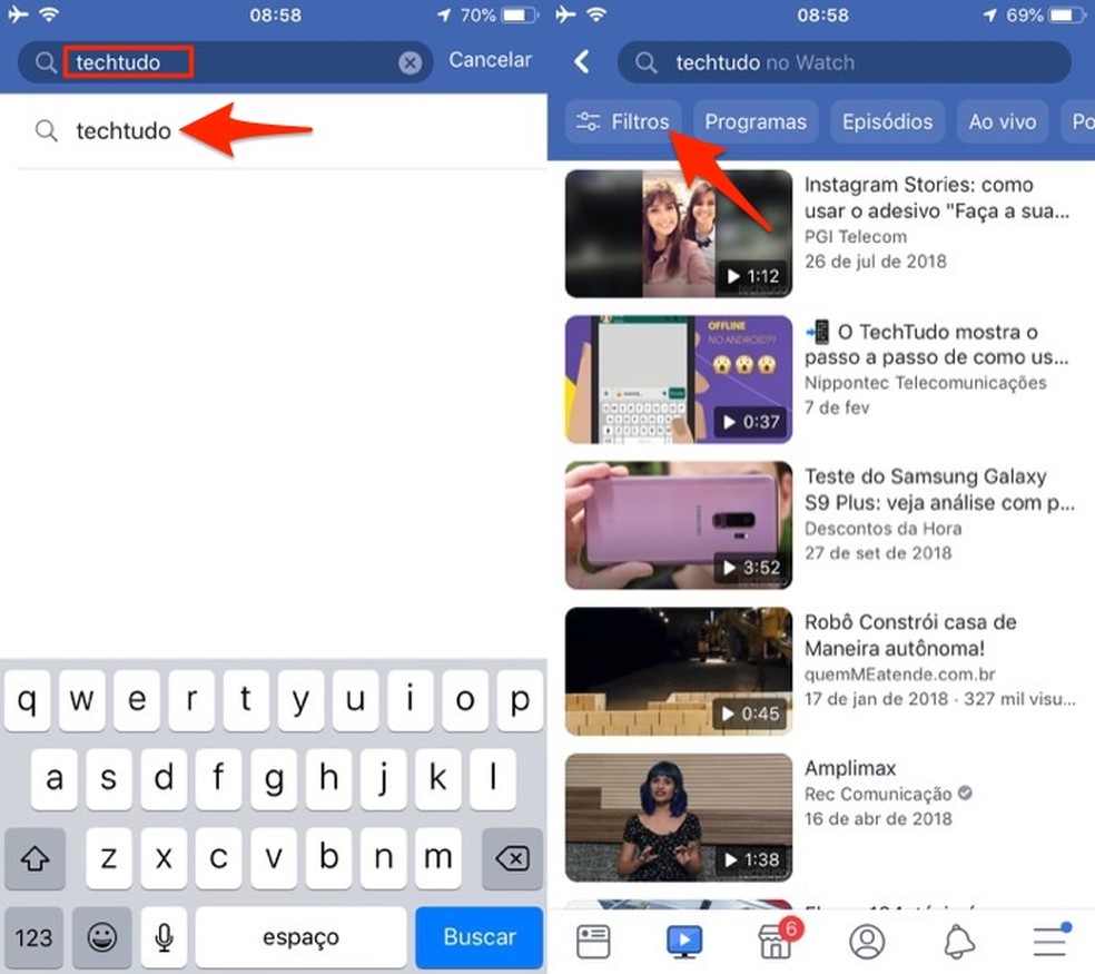 Ação para buscar por um conteúdo no Facebook Watch para iPhone — Foto: Reprodução/Marvin Costa
