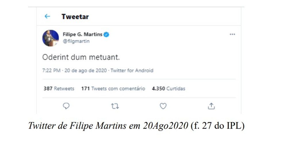 Postagem do assessor da Presidência da República Filipe Martins — Foto: MPF/Reprodução