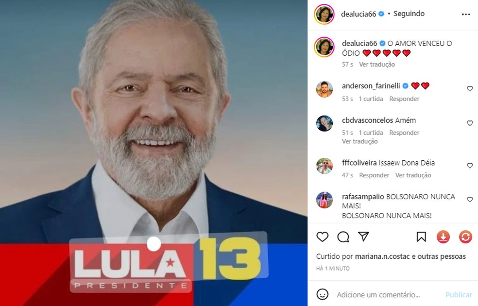 Déa Lucia celebra vitória de Lula — Foto: Reprodução/Instagram