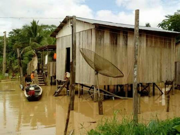 Cheia do Rio Acre, em Assis Brasil, atingiu dois bairros nesta quarta-feira (15) (Foto: Divulgação/Defesa Civil de Assis Brasil )