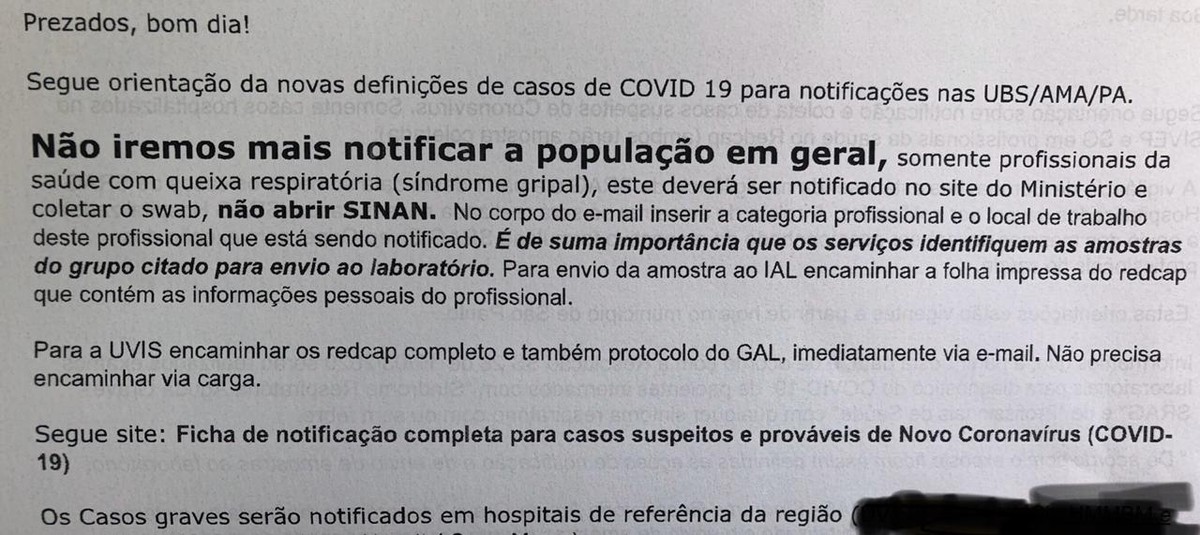 Secretaria da Saúde de SP orienta unidades de saúde a notificarem apenas casos graves de coronavírus