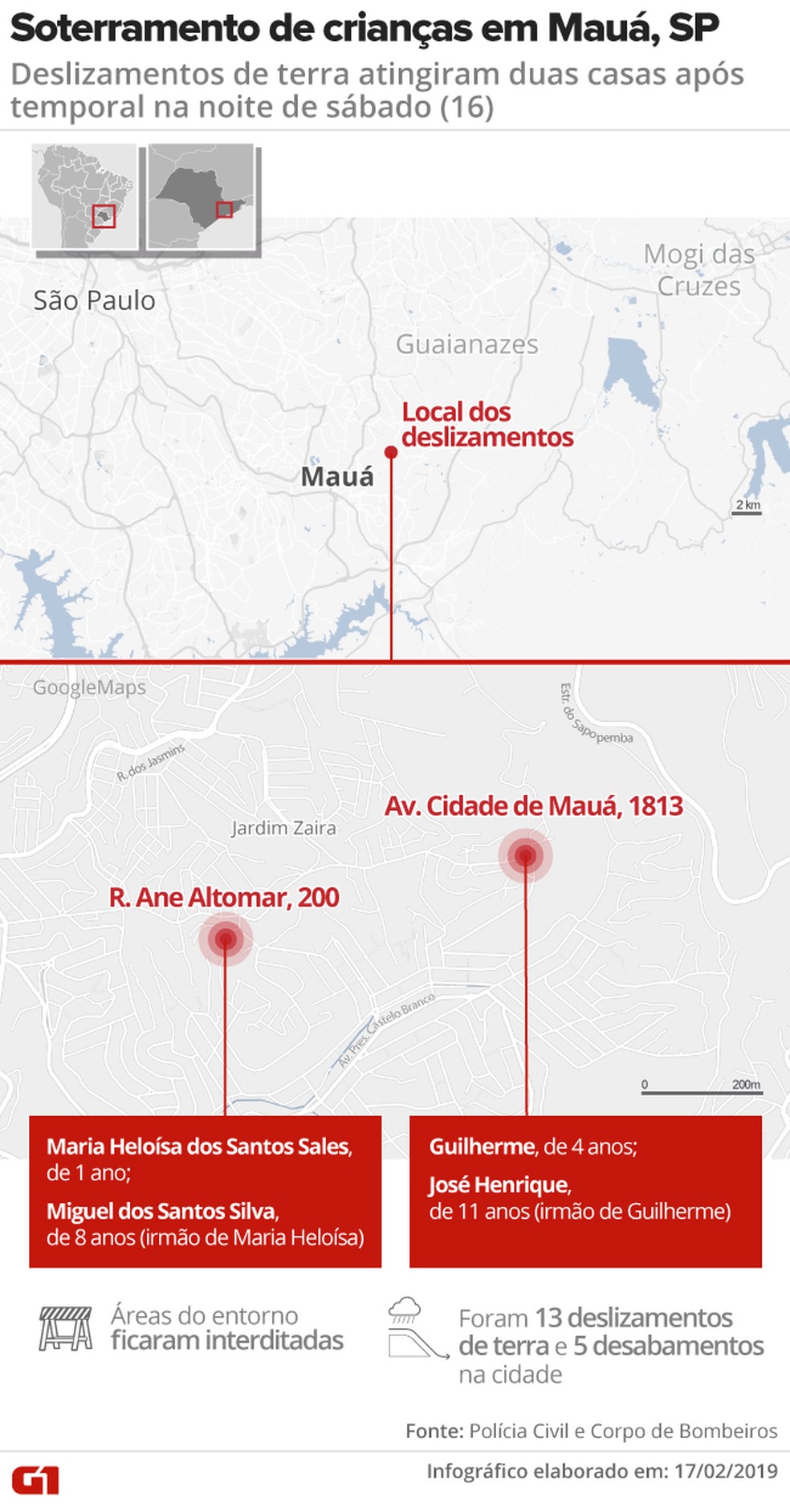 Mapa mostra onde aconteceram os deslizamentos de terra que mataram 4 em Mauá — Foto: Rodrigo Sanches/Editoria de Arte/G1