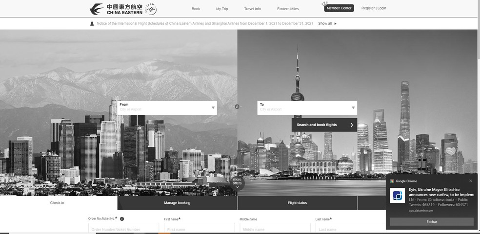 Site da China Eastern Airlines em preto e branco, com a companhia faz quando há acidentes envolvendo seus aviões. — Foto: Reprodução/ site da companhia 