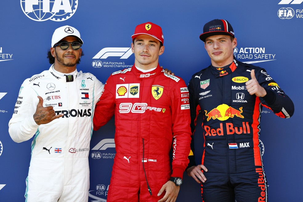Hamilton, Leclerc e Verstappen, os três primeiros no grid em Spielberg — Foto: Getty Images
