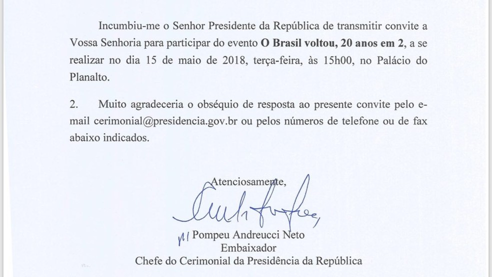 Convite para a solenidade em referÃªncia aos dois anos de governo enviado pelo cerimonial da PresidÃªncia (Foto: ReproduÃ§Ã£o)