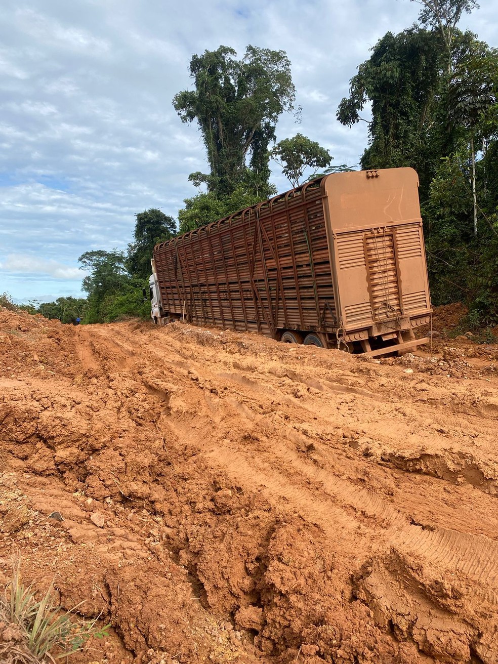 Caminhão atolado na rodovia MT-170. Produtores afirmam que rodovia impede negócios e encarece fretes — Foto: Sindicato Rural de Juruena (MT)