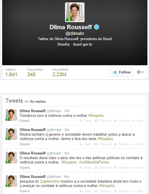No twitter, Dilma pede tolerância zero à violência contra a mulher (Foto: Reprodução)