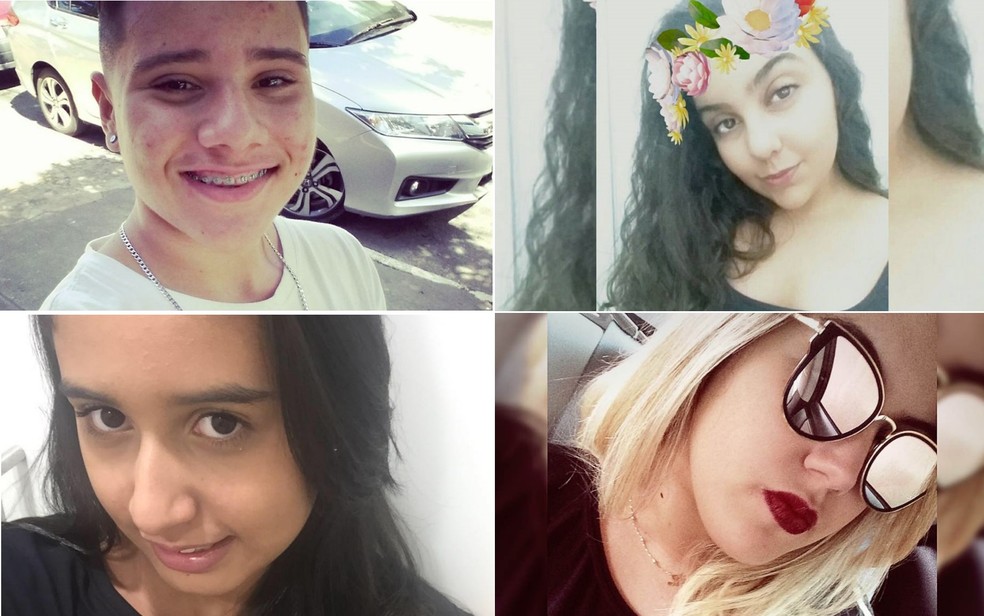 Quatro adolescentes ficaram feridos em ataque dentro de escola em Goiânia;  Na foto, aparecem em cima Hyago Marques e Isadora de Morais. Embaixo, da esquerda para direita, estão Marcela Rocha Macedo e Lara Fleury Borges (Foto: Reprodução/TV Anhanguera)