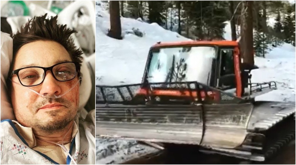 Montagem Jeremy Renner e veículo de retirar neve — Foto: Reprodução/Instagram