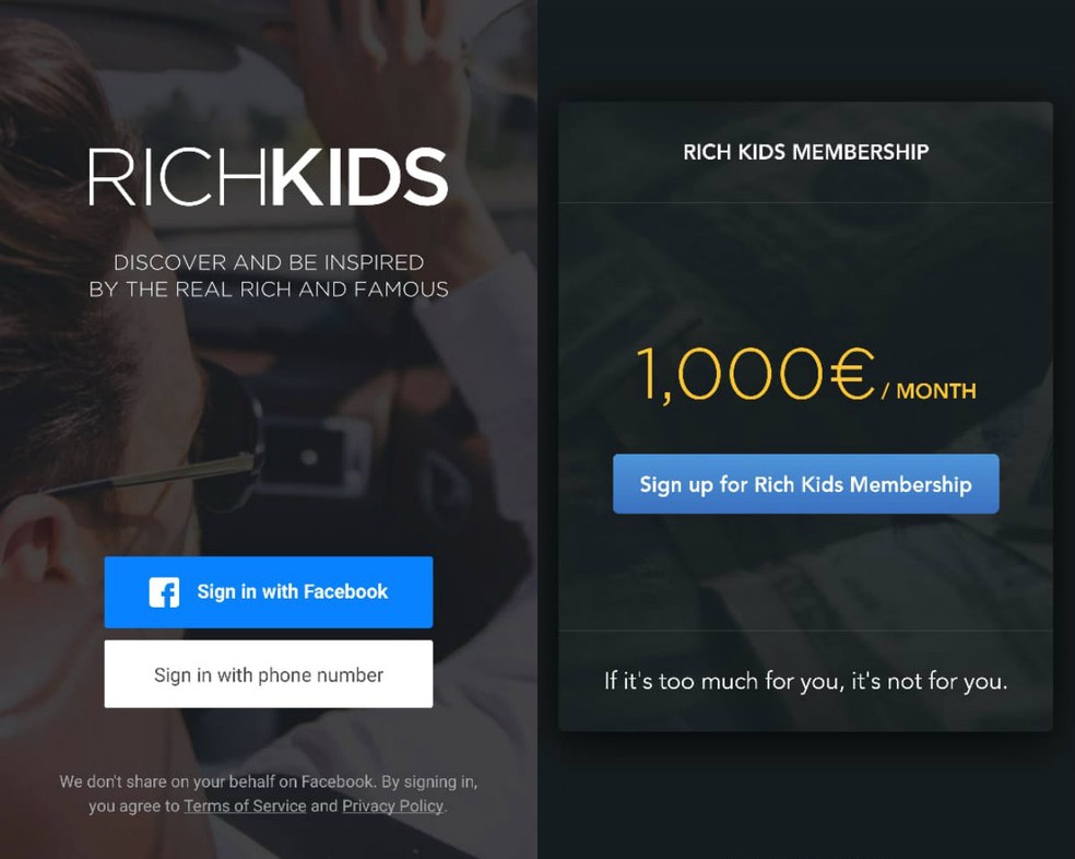 Rich Kids é um app de fotos com mensalidade de € 1.000  — Foto: Reprodução/Clara Fabro