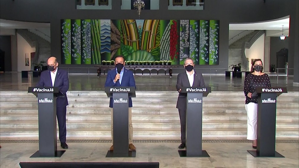 Governo de São Paulo faz coletiva de imprensa na tarde desta quarta-feira (20). — Foto: Reprodução/TV Globo