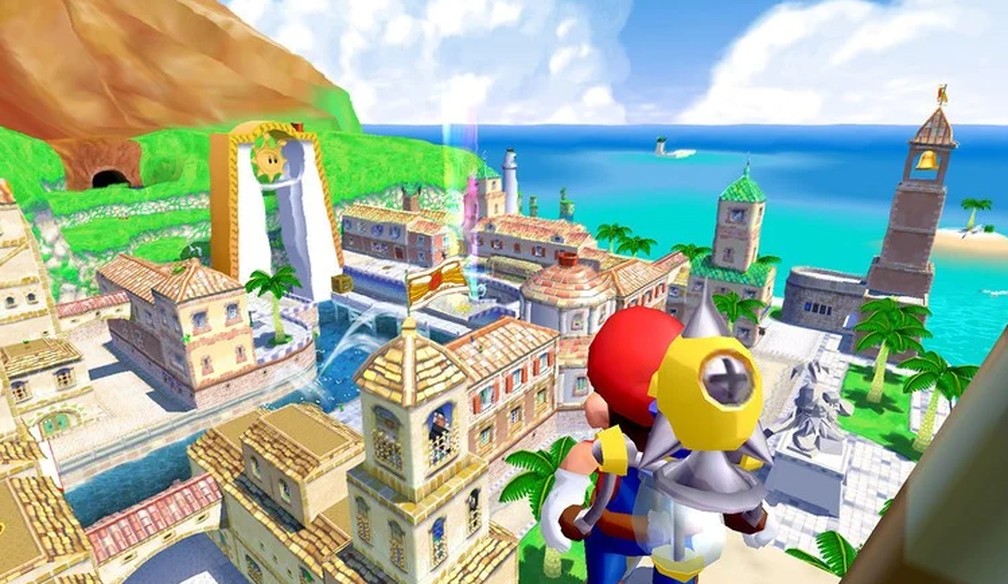 'Super Mario Sunshine' é o game em que Mario usa uma mochila que lança jatos de água — Foto: Divulgação/Nintendo