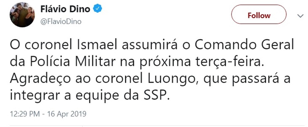 Governador FlÃ¡vio Dino anuncia a saÃ­da do coronel Luongo do comando da PolÃ­cia Militar â Foto: ReproduÃ§Ã£o/Redes Sociais