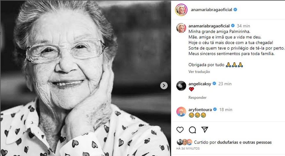 Ana Maria Braga lamenta morte de Palmirinha Onofre — Foto: Reprodução/Instagram