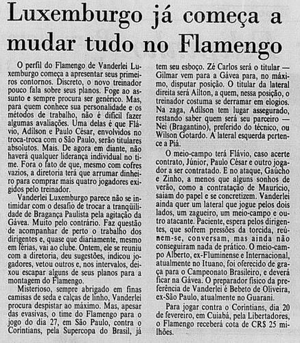 Matéria do Jornal do Brasil mostra mudanças de Luxemburgo no Flamengo antes da Supercopa — Foto: Reprodução / Jornal do Brasil