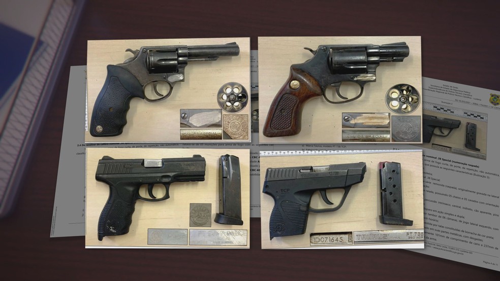 Armas que teriam sido apreendidas pelos policiais com Mateus, Lucas, Riquelme e Vanilson — Foto: Laudo de perícia criminal / Reprodução