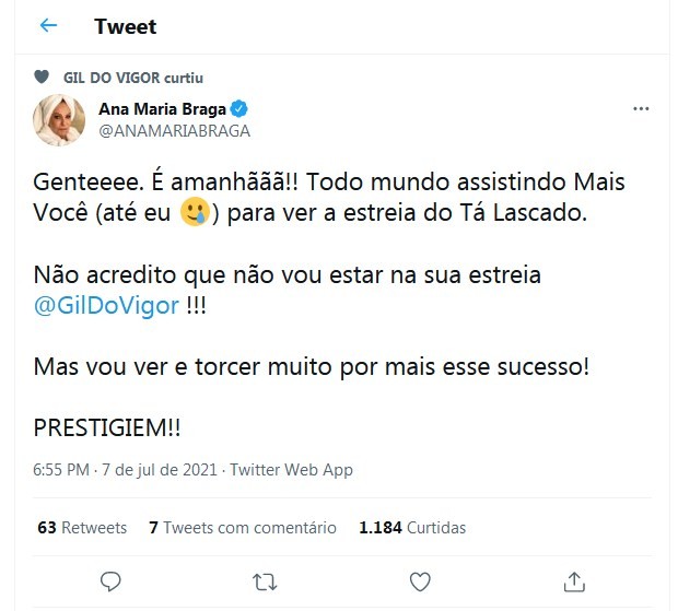 Post de Ana Maria Braga (Foto: Reprodução/Twitter)