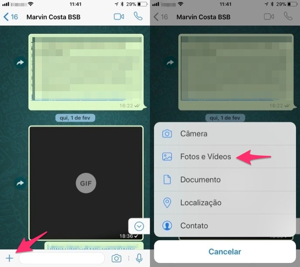 Ação para buscar fotos ou vídeos na bilbioteca do iPhone para usar no WhatsApp (Foto: Reprodução/Marvin Costa)