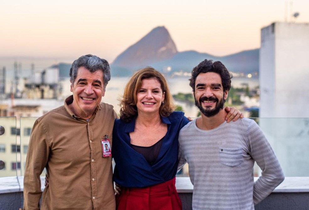 Paulo Betti, Debora Bloch e Caio Blat nos bastidores do longa — Foto: Divulgação